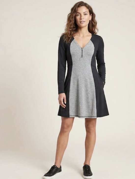 Athleta Dresses & Skirts - Athleta Two-Tone Quarter Zip A-Line Mini Dress Long Sleeve Gray & Black Size MP
